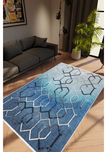 Modern Geometrik Lacivert Mavi Gri Kaydırmaz Kesme Yıkanabilir Ince Halı