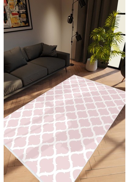 Modern Geometrik Fas Desenli Pembe Beyaz Kaydırmaz Kesme Yıkanabilir Ince Halı