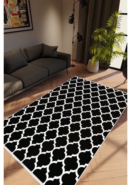 Modern Geometrik Siyah Beyaz Kaydırmaz Kesme Yıkanabilir Ince Halı