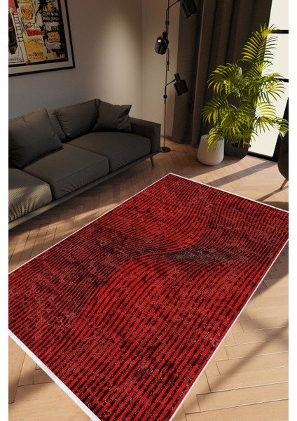 Modern Geometrik Kırmızı Bordo Kaydırmaz Kesme Yıkanabilir Ince Halı