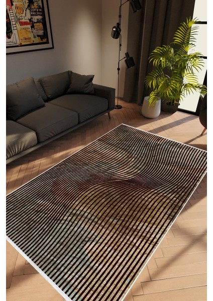 Modern Geometrik Kahverengi Siyah Kaydırmaz Kesme Yıkanabilir Ince Halı