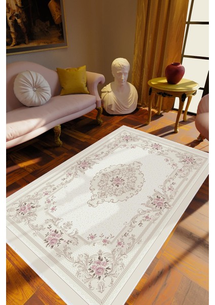Figürlü Çiçekli Kilim Motifli Ekru Mavi Kaydırmaz Kesme Yıkanabilir Ince Halı