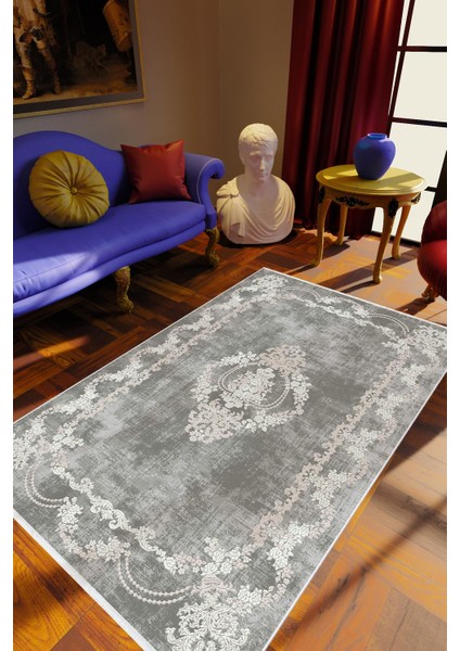 Klasik Eskitme Gümüş Gri Kaydırmaz Kesme Yıkanabilir Ince Halı