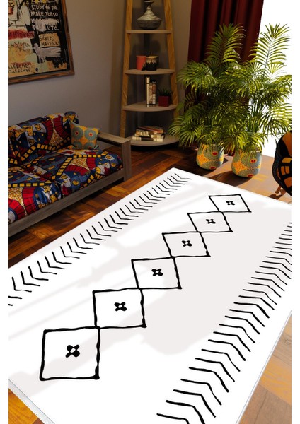 Otantik Eskitme Beyaz Krem Kaydırmaz Kesme Yıkanabilir Ince Halı