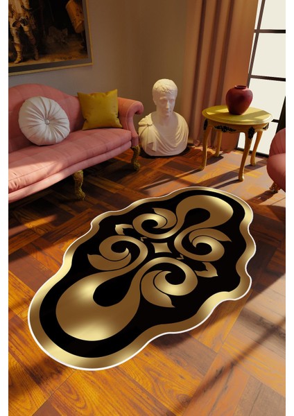 Klasik Modern Gold Altın Siyah Metalik Kaydırmaz Kesme Yıkanabilir Ince Halı