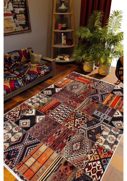 Otantik Eskitme Patchwork Turuncu Kaydırmaz Kesme Yıkanabilir Ince Halı