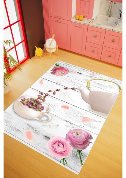 Mutfak Halısı Figürlü Çiçekli Çay Temalı Gri Beyaz Pembe Kaydırmaz Kesme Yıkanabilir Ince Halı
