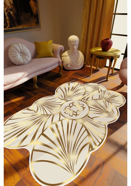 Klasik Modern Gold Altın Ekru Metalik Kaydırmaz Kesme Yıkanabilir Ince Halı