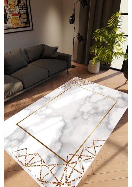 Modern Geometrik Metalik Gri Altın Kaydırmaz Kesme Yıkanabilir Ince Halı