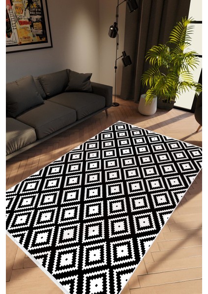 Modern Geometrik Siyah Beyaz Kaydırmaz Kesme Yıkanabilir Ince Halı