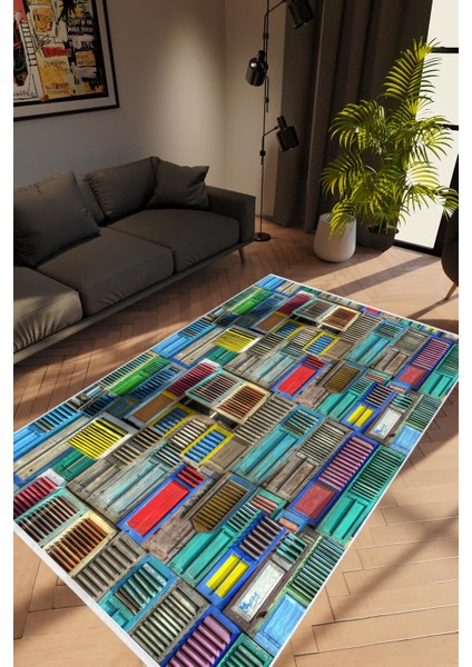 Pastel Modern Mavi Kaydırmaz Kesme Yıkanabilir Ince Halı