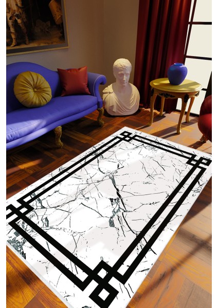 Eskitme Geometrik Çerçeve Desenli Mermer Beyaz Kaydırmaz Kesme Yıkanabilir Ince Halı
