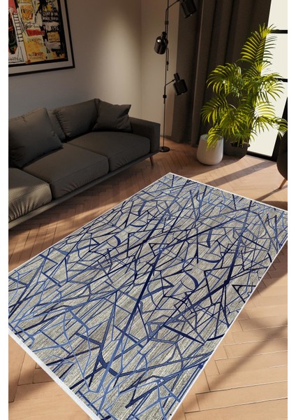 Modern Geometrik Lacivert Gri Mavi Kaydırmaz Kesme Yıkanabilir Ince Halı