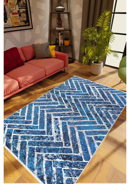 Zig Zag Eskitme Lacivert Mavi Beyaz Kaydırmaz Kesme Yıkanabilir Ince Halı