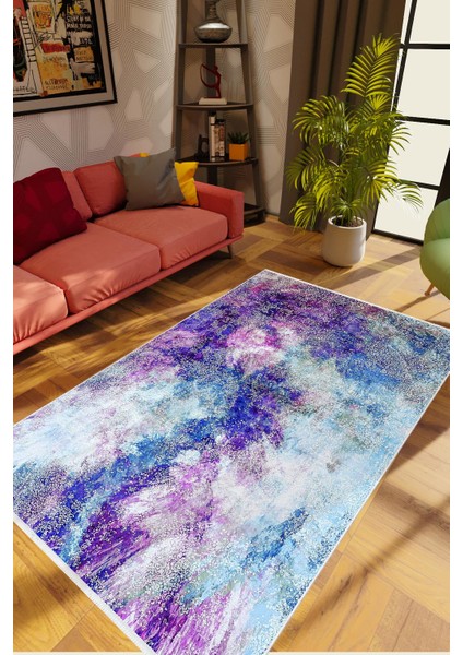 Pastel Modern Mavi Kaydırmaz Kesme Yıkanabilir Ince Halı