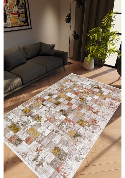 Modern Patchwork Mozaik Desen Kahverengi Kaydırmaz Kesme Yıkanabilir Ince Halı