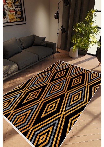 Modern Geometrik Metalik Kahverengi Siyah Gold Kaydırmaz Kesme Yıkanabilir Ince Halı