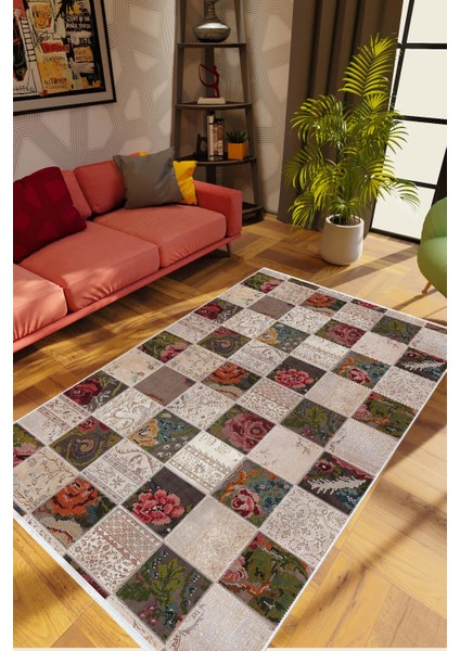 Modern Patchwork Bej Kaydırmaz Kesme Yıkanabilir Ince Halı