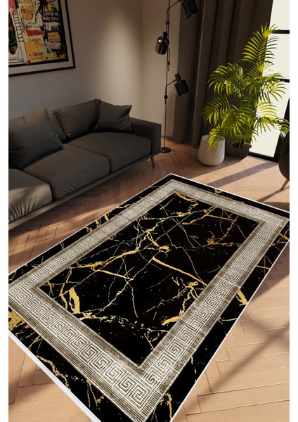 Taş Mermer Modern Gold Siyah Altın Kahverengi Kaydırmaz Kesme Yıkanabilir Ince Halı