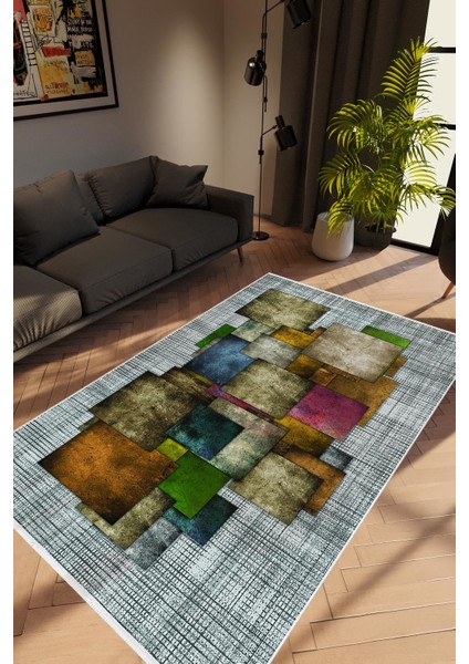 Modern Patchwork Gri Kaydırmaz Kesme Yıkanabilir Ince Halı