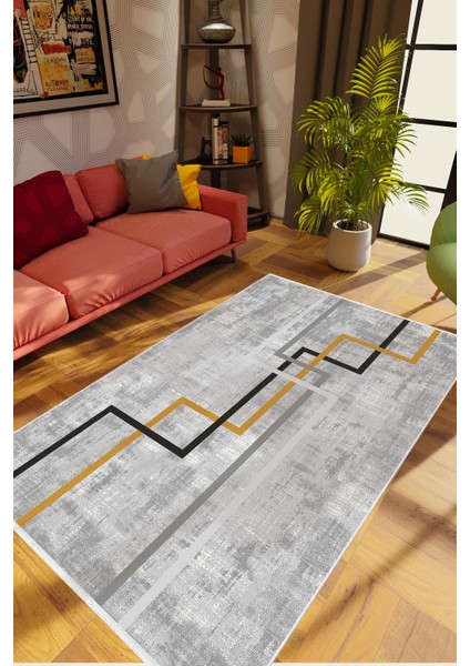 Modern Geometrik Gri Siyah Gold Kaydırmaz Kesme Yıkanabilir Ince Halı