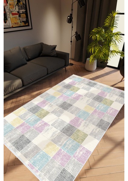 Modern Patchwork Gri Kaydırmaz Kesme Yıkanabilir Ince Halı