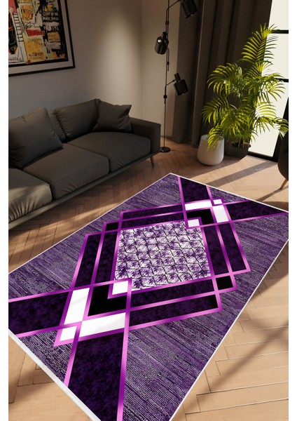 Modern Geometrik Mor Pembe Beyaz Kaydırmaz Kesme Yıkanabilir Ince Halı