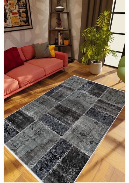 Modern Patchwork Gri Siyah Kaydırmaz Kesme Yıkanabilir Ince Halı