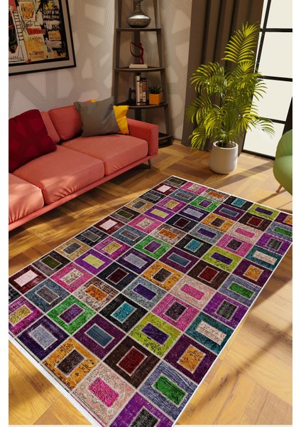 Modern Patchwork Mor Kaydırmaz Kesme Yıkanabilir Ince Halı