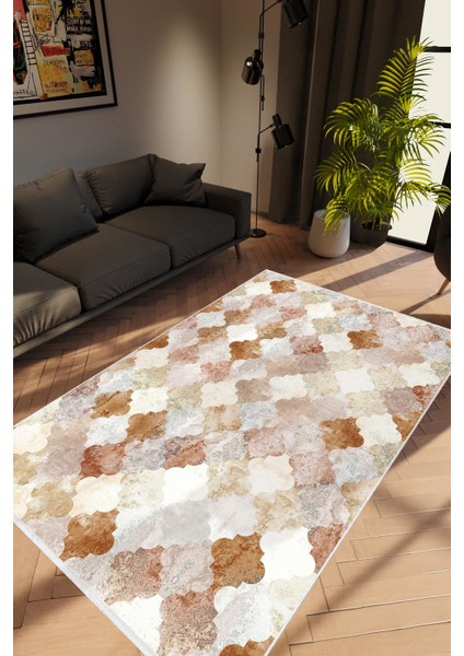 Modern Geometrik Fas Desenli Kahverengi Vizon Kaydırmaz Kesme Yıkanabilir Ince Halı