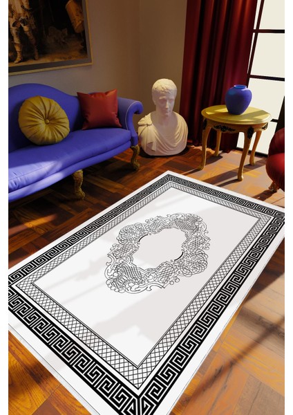 Klasik Kilim Motifli Gri Beyaz Siyah Kaydırmaz Kesme Yıkanabilir Ince Halı