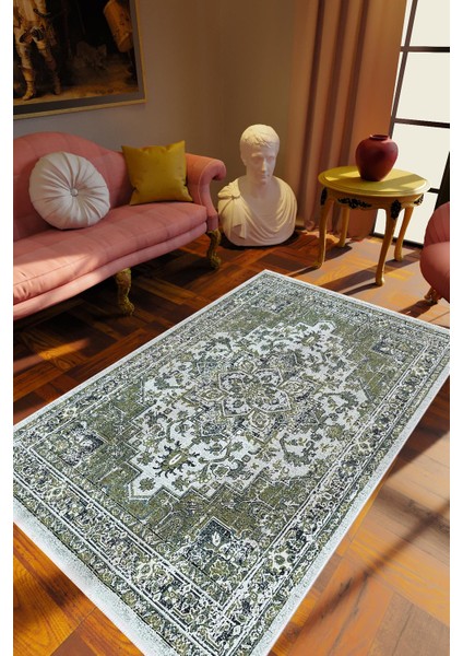 Klasik Eskitme Yeşil Kahverengi Krem Kaydırmaz Kesme Yıkanabilir Ince Halı