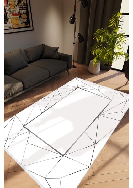 Modern Geometrik Gri Beyaz Kaydırmaz Kesme Yıkanabilir Ince Halı