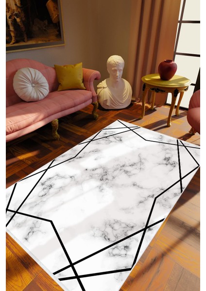 Eskitme Geometrik Gri Beyaz Siyah Kaydırmaz Kesme Yıkanabilir Ince Halı