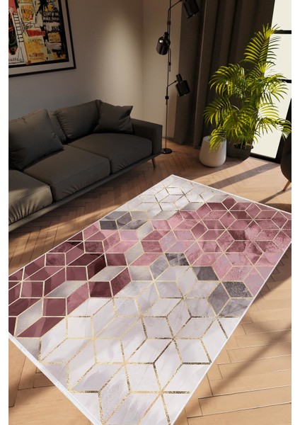 Modern Geometrik Pembe Gülkkurusu Gri Kaydırmaz Kesme Yıkanabilir Ince Halı
