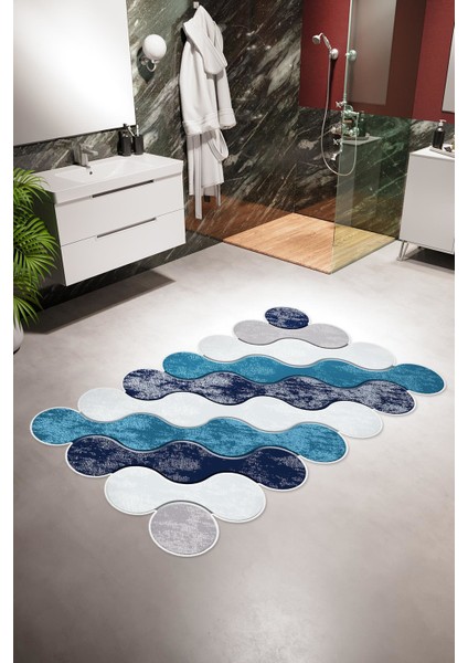 Banyo Paspası Eskitme Modern Mavi Lacivert Kaydırmaz Kesme Yıkanabilir Ince Halı