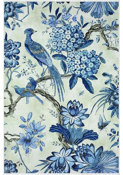 Figürlü Çiçekli Kuş Temalı Mavi Beyaz Kaydırmaz Kesme Yıkanabilir Ince Halı fiyatları