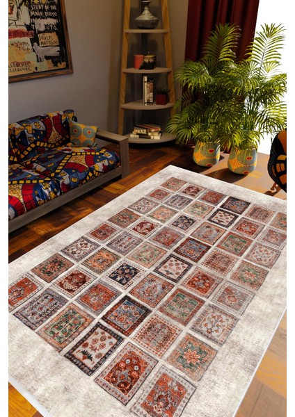 Kilim Desenli Otantik Eskitme Bej Kaydırmaz Kesme Yıkanabilir Ince Halı