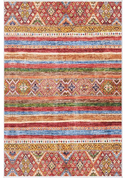 Kilim Desenli Otantik Eskitme Turuncu Kaydırmaz Kesme Yıkanabilir Ince Halı