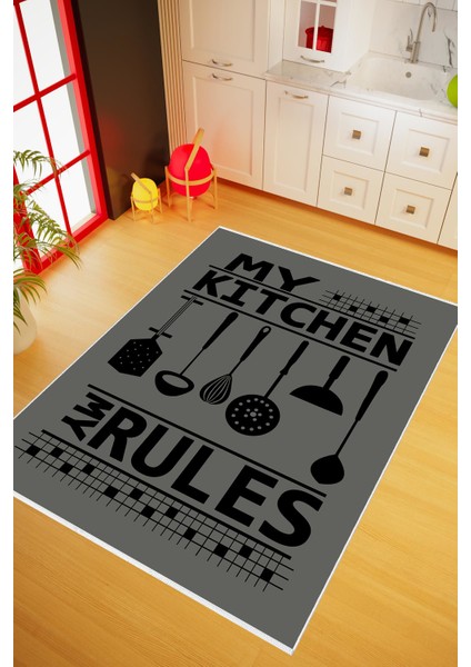Mutfak Halısı Modern My Kitchen My Rules Gri Siyah Kaydırmaz Kesme Yıkanabilir Ince Halı