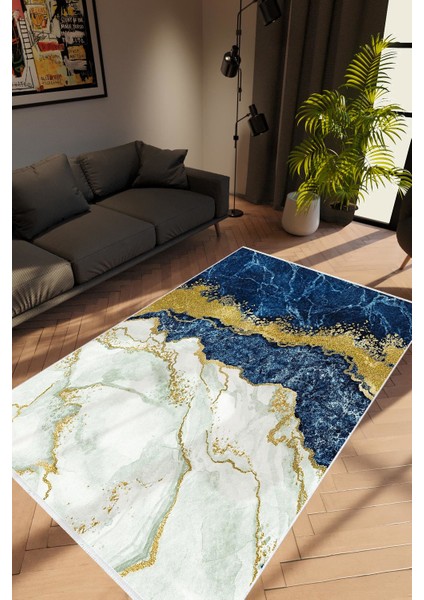 Taş Mermer Modern Gold Lacivert Mavi Beyaz Altın Kaydırmaz Kesme Yıkanabilir Ince Halı