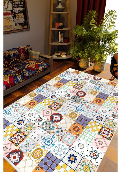 Otantik Eskitme Patchwork Mor Kaydırmaz Kesme Yıkanabilir Ince Halı