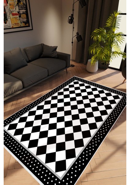 Modern Geometrik Siyah Beyaz Kaydırmaz Kesme Yıkanabilir Ince Halı