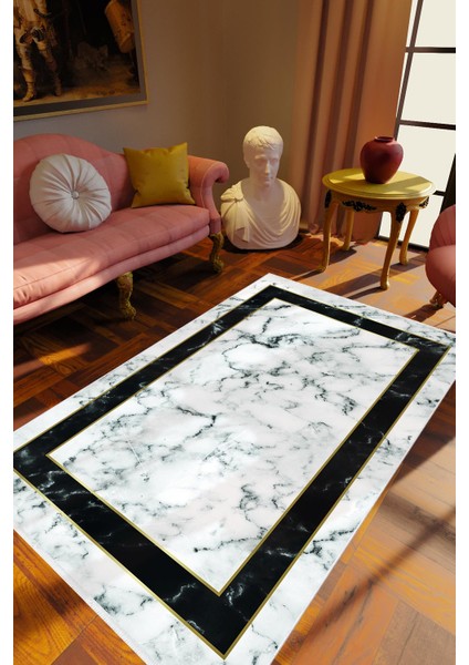 Eskitme Modern Çerçeve Desenli Mermer Gri Beyaz Siyah Kaydırmaz Kesme Yıkanabilir Ince Halı