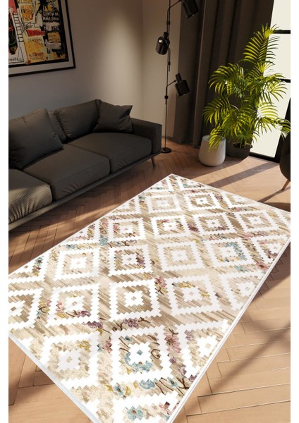 Modern Geometrik Bej Kaydırmaz Kesme Yıkanabilir Ince Halı