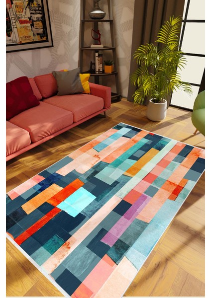 Pastel Modern Turuncu Kaydırmaz Kesme Yıkanabilir Ince Halı