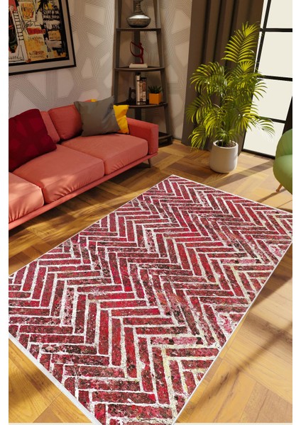 Zig Zag Eskitme Bordo Kırmızı Beyaz Kaydırmaz Kesme Yıkanabilir Ince Halı