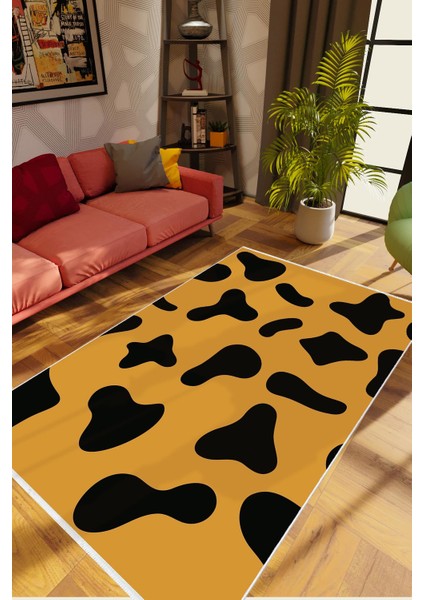 Geometrik Modern Turuncu Siyah Kaydırmaz Kesme Yıkanabilir Ince Halı