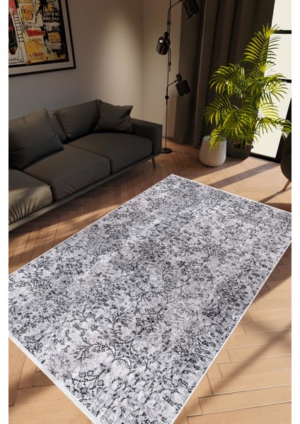 Modern Retro Gri Mavi Kaydırmaz Kesme Yıkanabilir Ince Halı