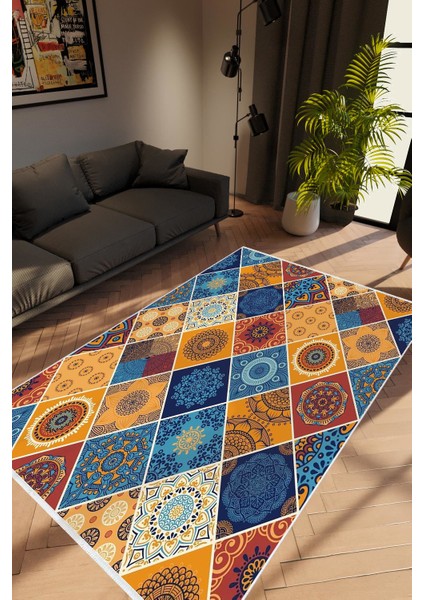 Modern Patchwork Turuncu Kaydırmaz Kesme Yıkanabilir Ince Halı